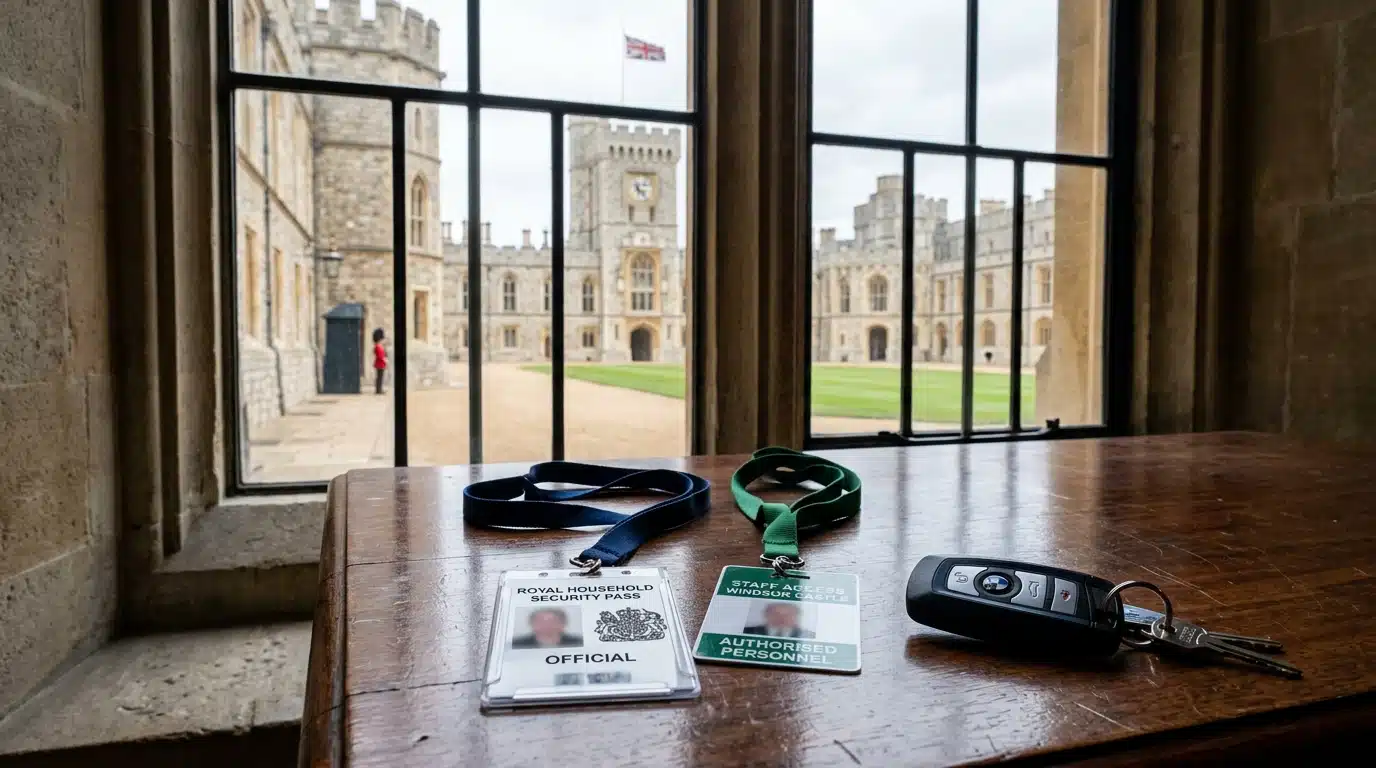 Badge de sécurité officiel et clé de voiture noire sur un bureau en bois près d'une résidence royale britannique