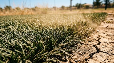 Gazon synthétique vert sous forte chaleur estivale