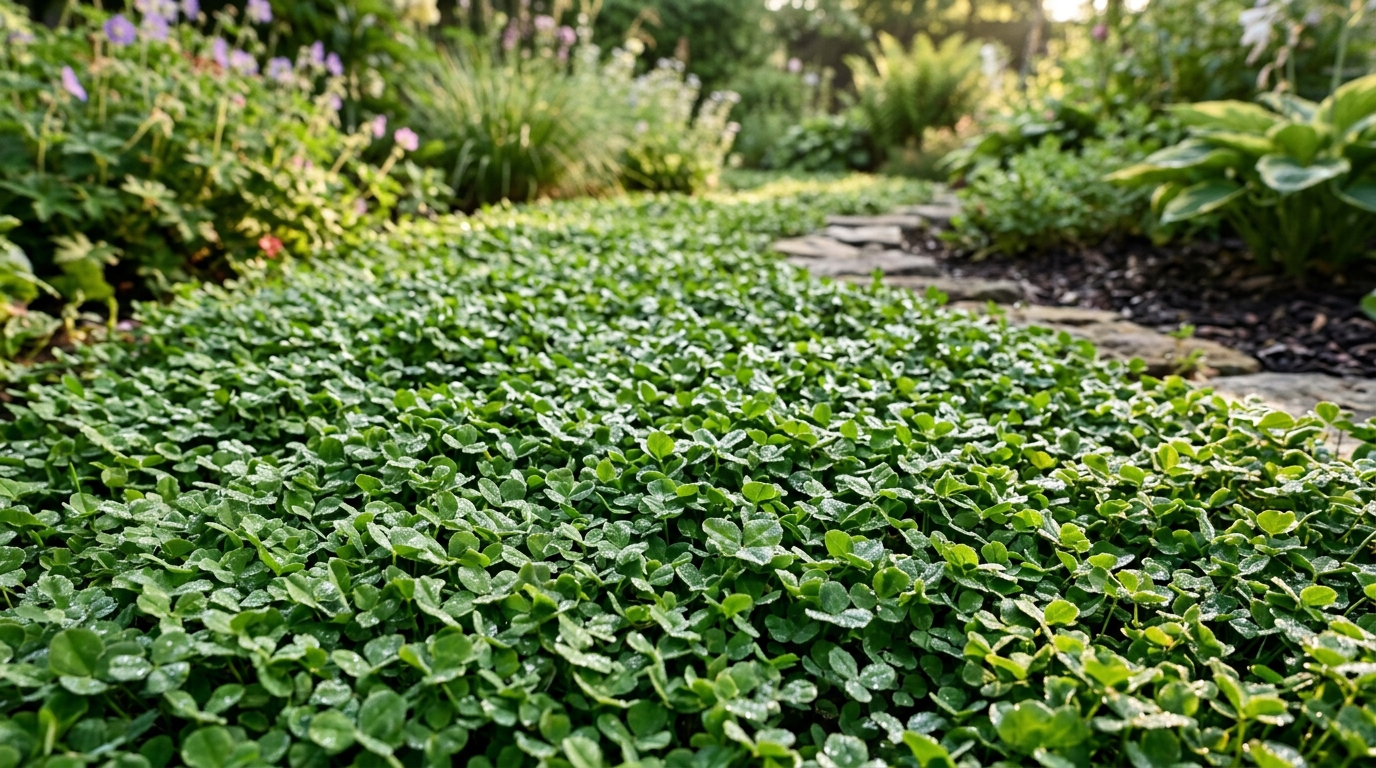 Tapis dense de micro-trèfle vert dans un jardin