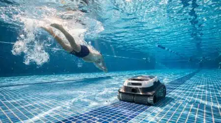 Robot de piscine sans fil au fond du bassin ensoleillé
