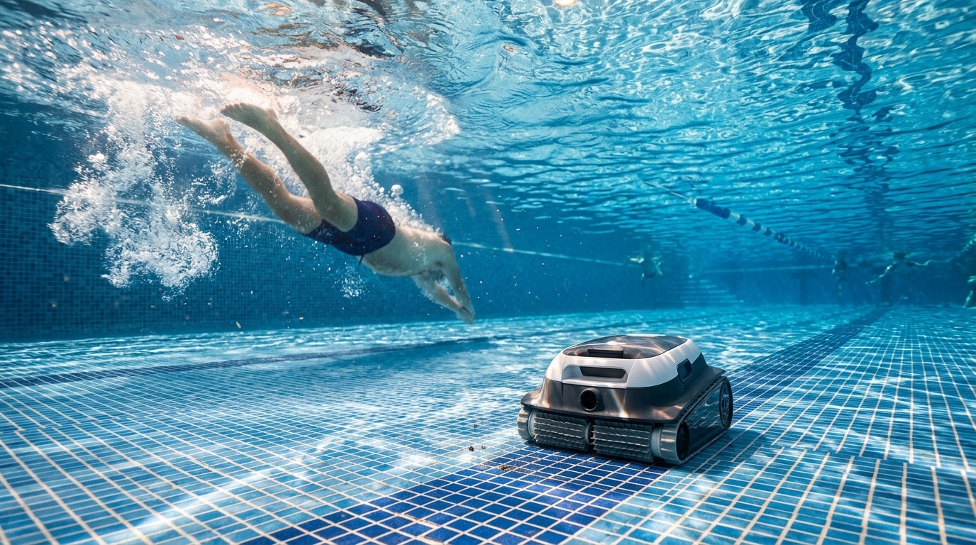 Robot de piscine sans fil au fond du bassin ensoleillé