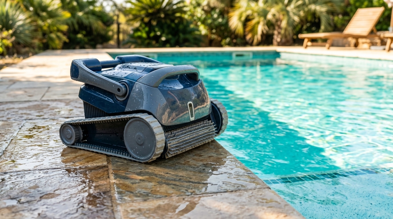 Robot de piscine posé au bord après nettoyage