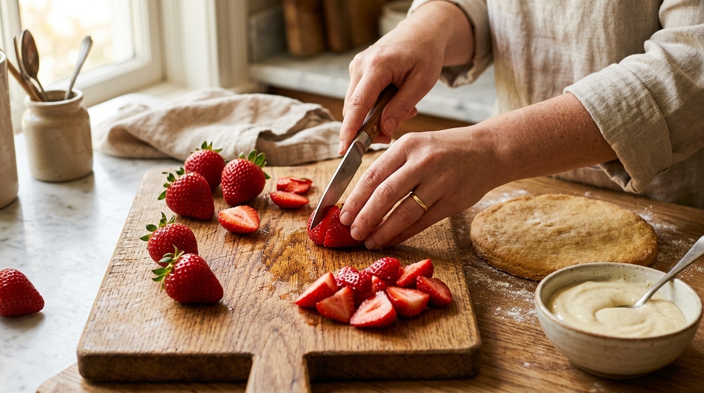 Mains tranchant des fraises près d'un sablé et d'une crème