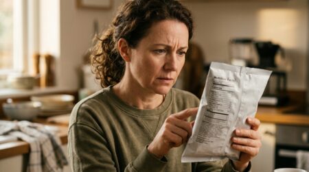 Personne examinant l'étiquette d'un sachet de cacahuètes
