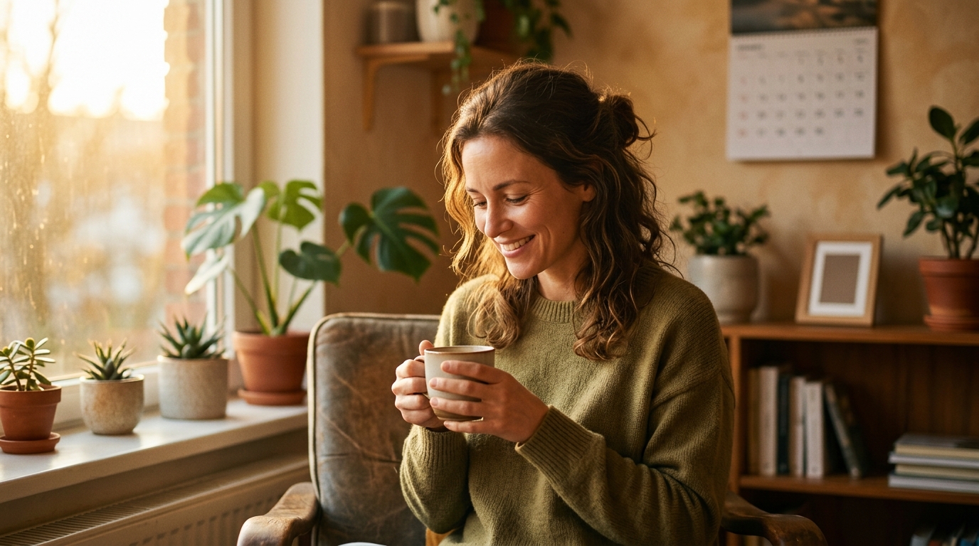 Femme sereine chez elle après un déclic financier