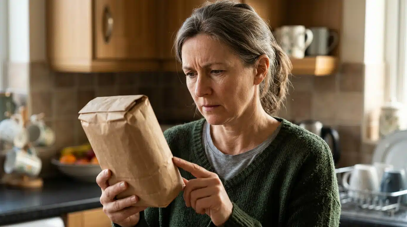 Personne inquiète lisant l'étiquette d'un produit alimentaire