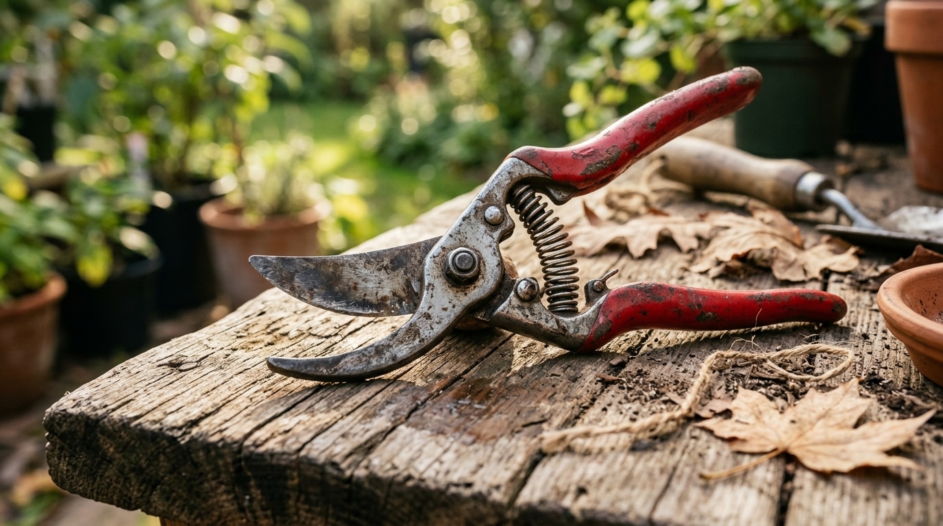 Sécateur rouge posé sur établi en bois de jardin