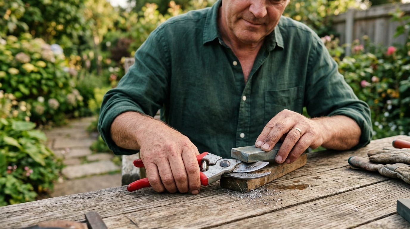 Mains aiguisant une lame de sécateur au jardin