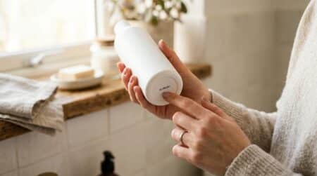 Main vérifiant le numéro de lot sur un flacon de shampoing