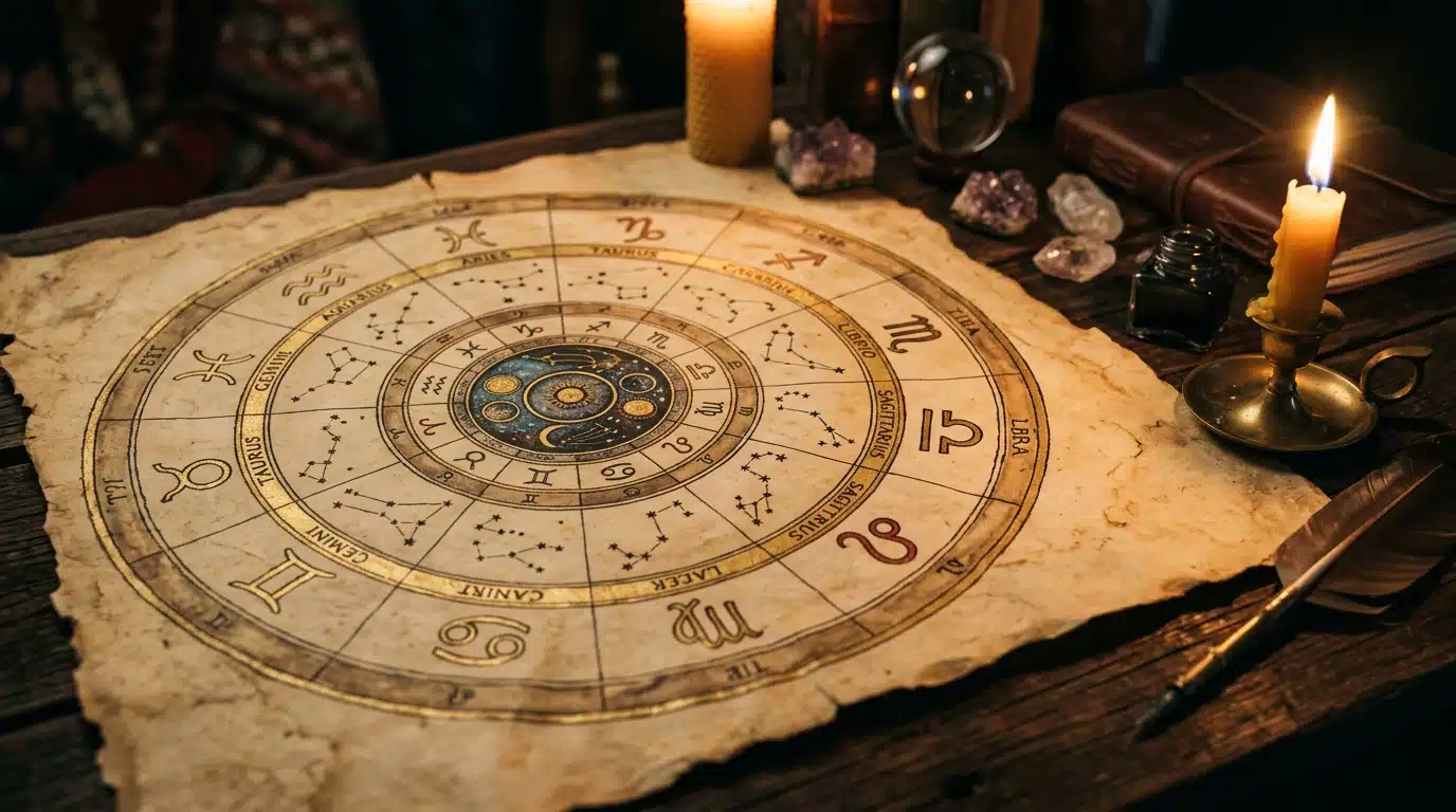 Roue astrologique en parchemin avec symboles célestes