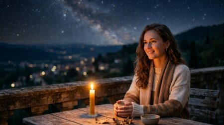 Femme sereine dans une ambiance mystique dorée