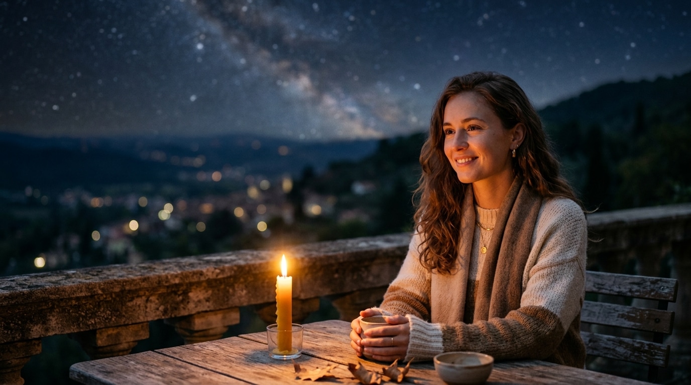 Femme sereine dans une ambiance mystique dorée