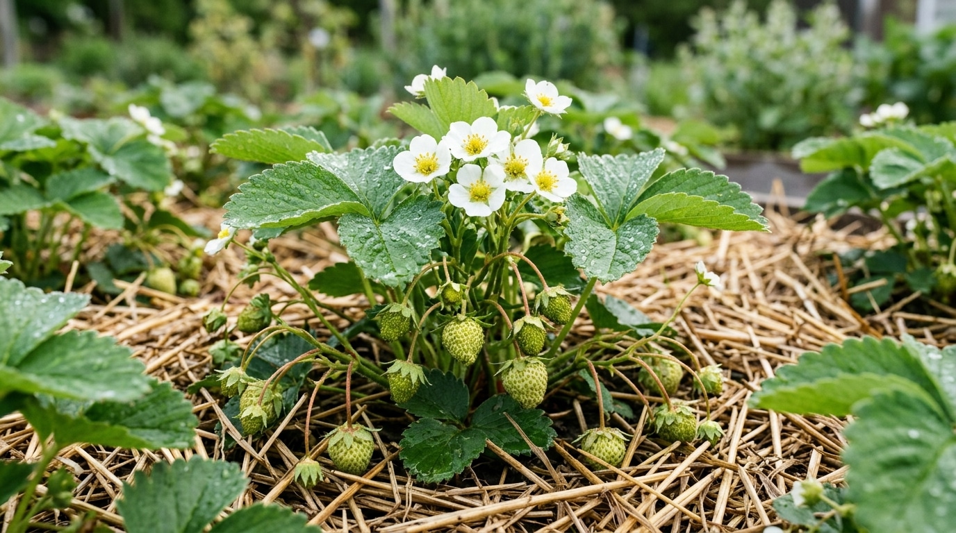 Petites fraises vertes sous paillage de paille au jardin