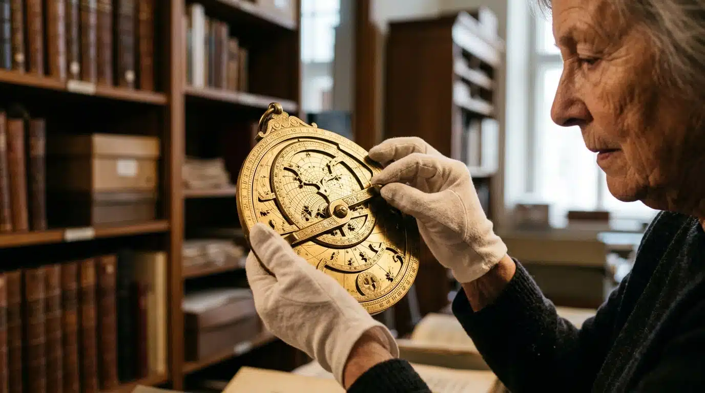 Mains gantées tenant un astrolabe antique sous lampe
