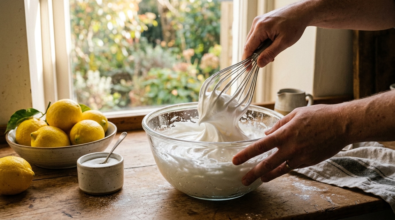 Blancs d'œufs fouettés à côté de citrons frais