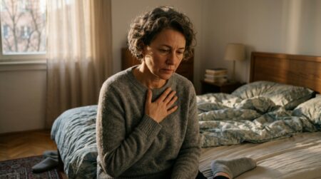 Personne assise au bord du lit, main sur la poitrine