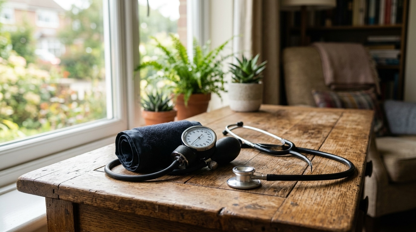 Tensiomètre et stéthoscope posés sur une table