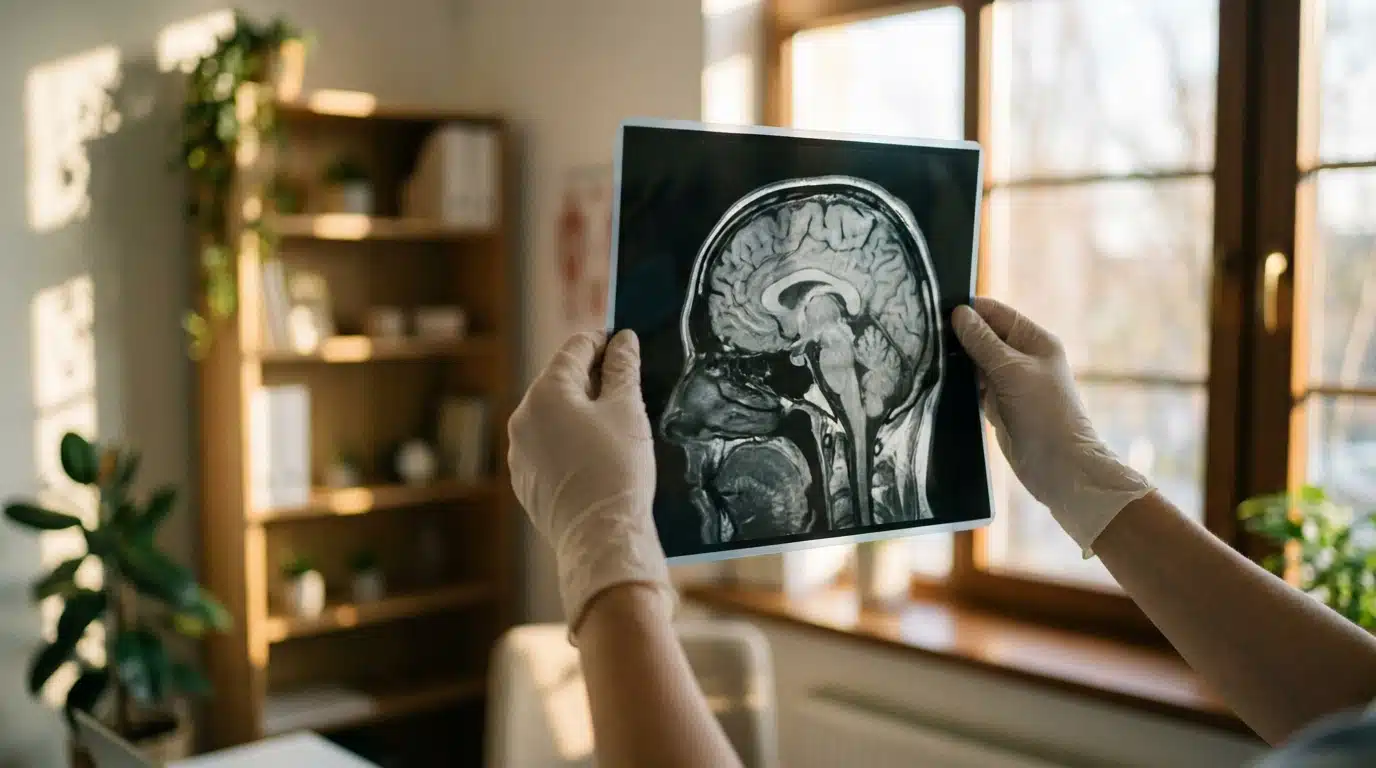 Médecin examinant un scanner cérébral à la lumière