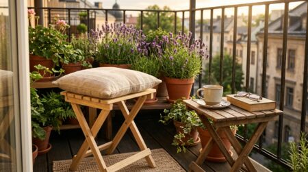 Tabouret pliant Lidl installé sur un petit balcon cosy