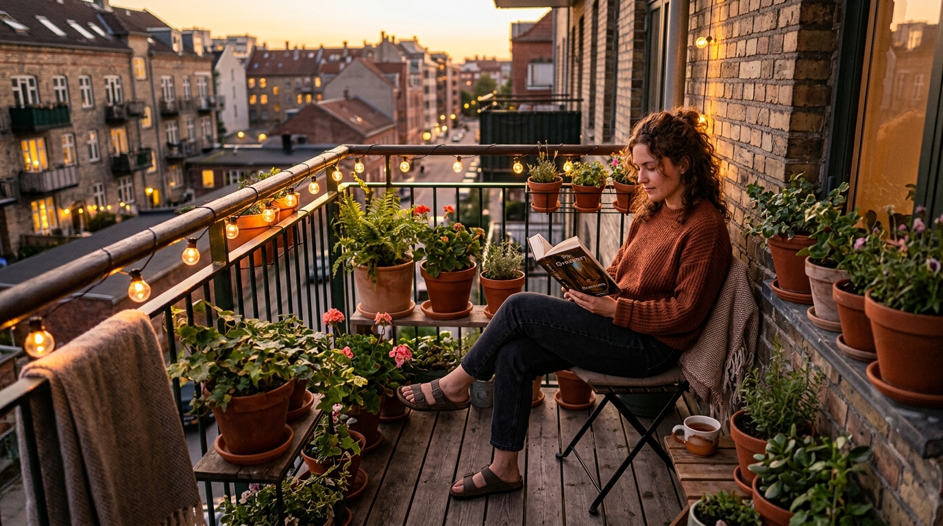 Personne lisant sur un tabouret pliant au coucher du soleil
