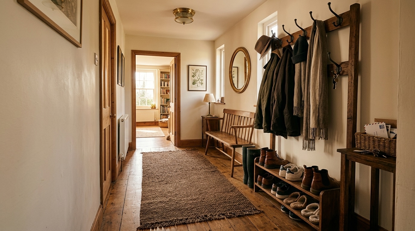 Tapis texturé mocha déroulé dans un couloir cosy