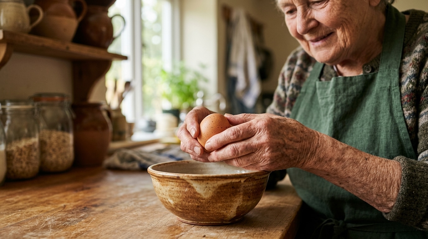Mains âgées tenant un œuf frais en cuisine
