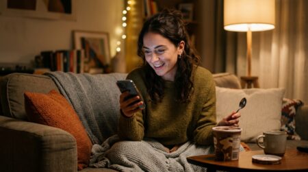 Personne souriante devant son téléphone avec une glace