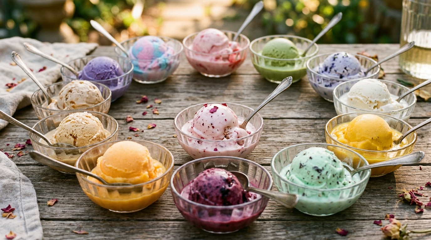 Bols de glaces colorées disposés en cercle sur une table