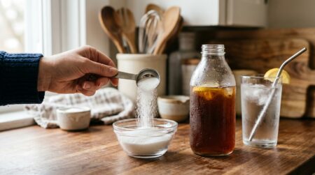 Sucre versé près d'une bouteille de thé glacé embuée
