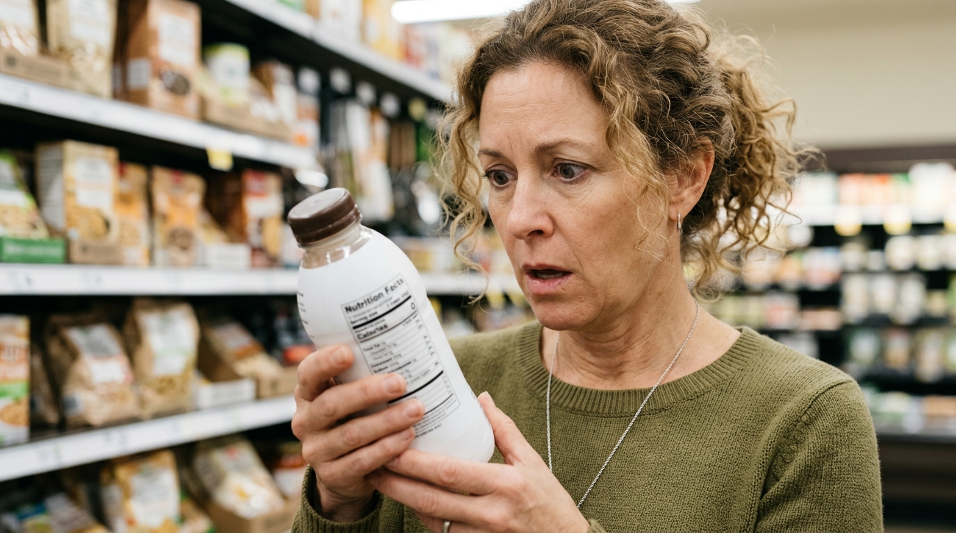 Personne surprise en lisant une étiquette nutritionnelle