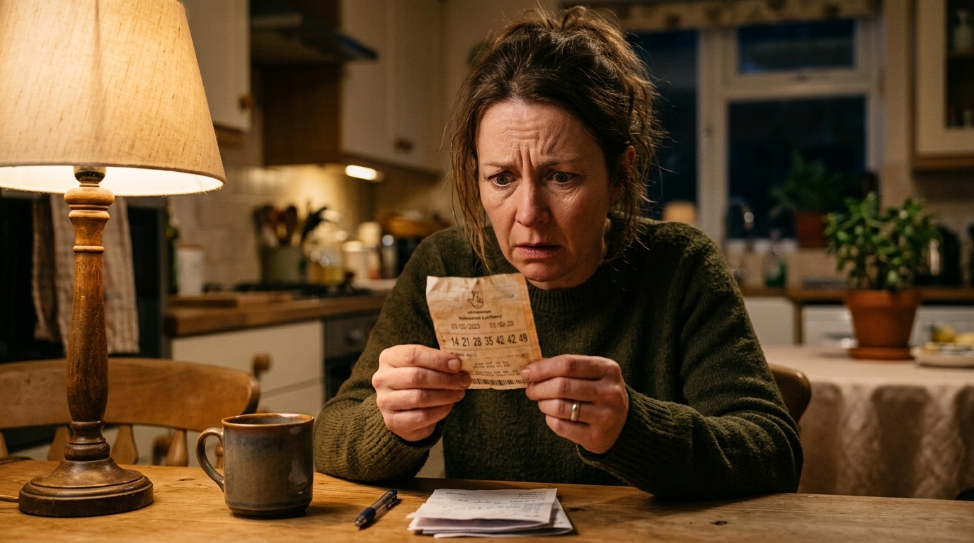 Homme regardant un vieux ticket de loto froissé, choqué