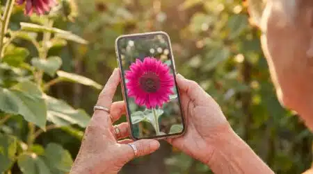 Faux tournesol rose géant affiché sur un smartphone
