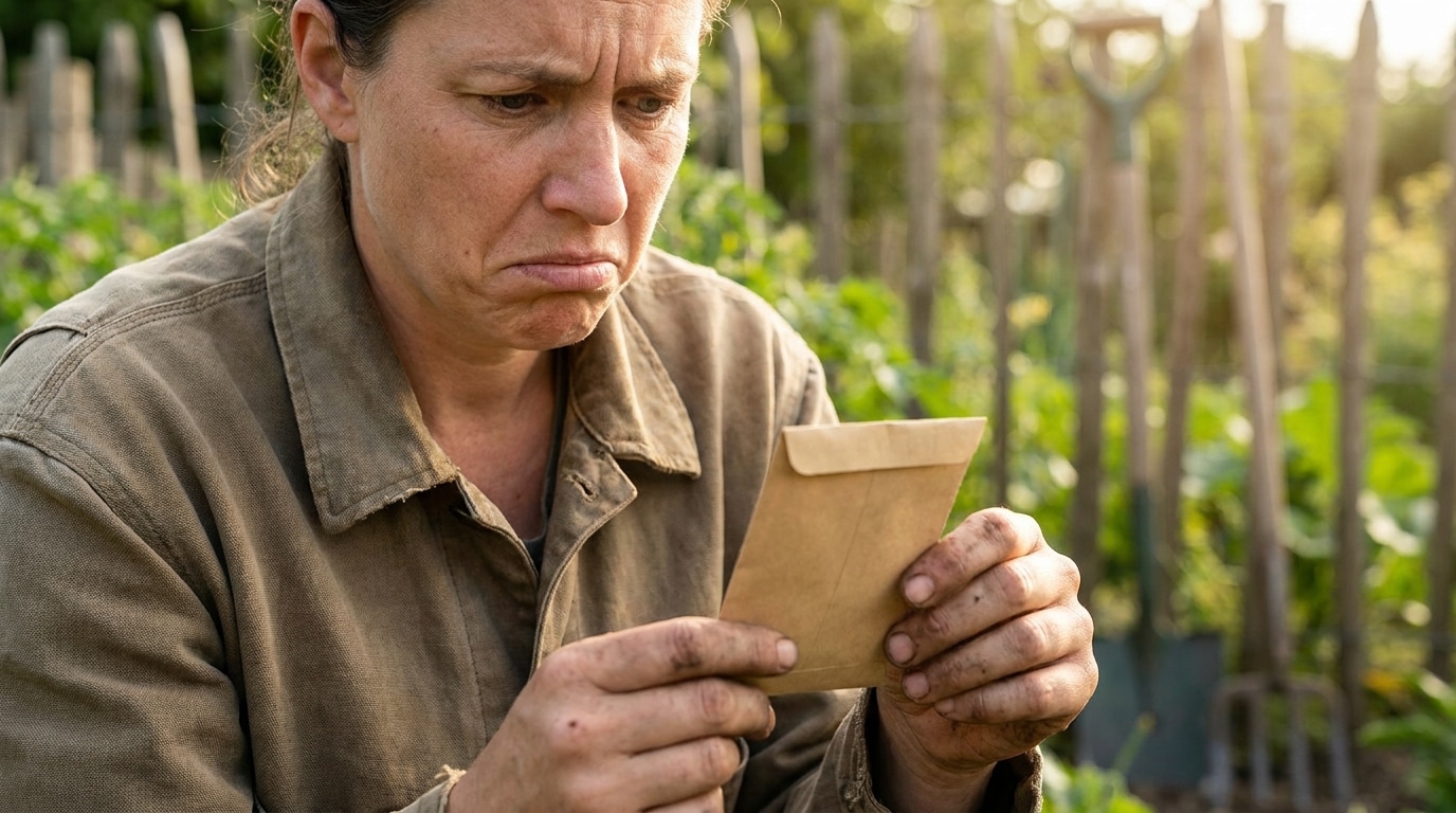 Jardinier déçu regardant un sachet de graines