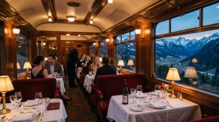 Wagon-restaurant vintage avec vue sur les Alpes