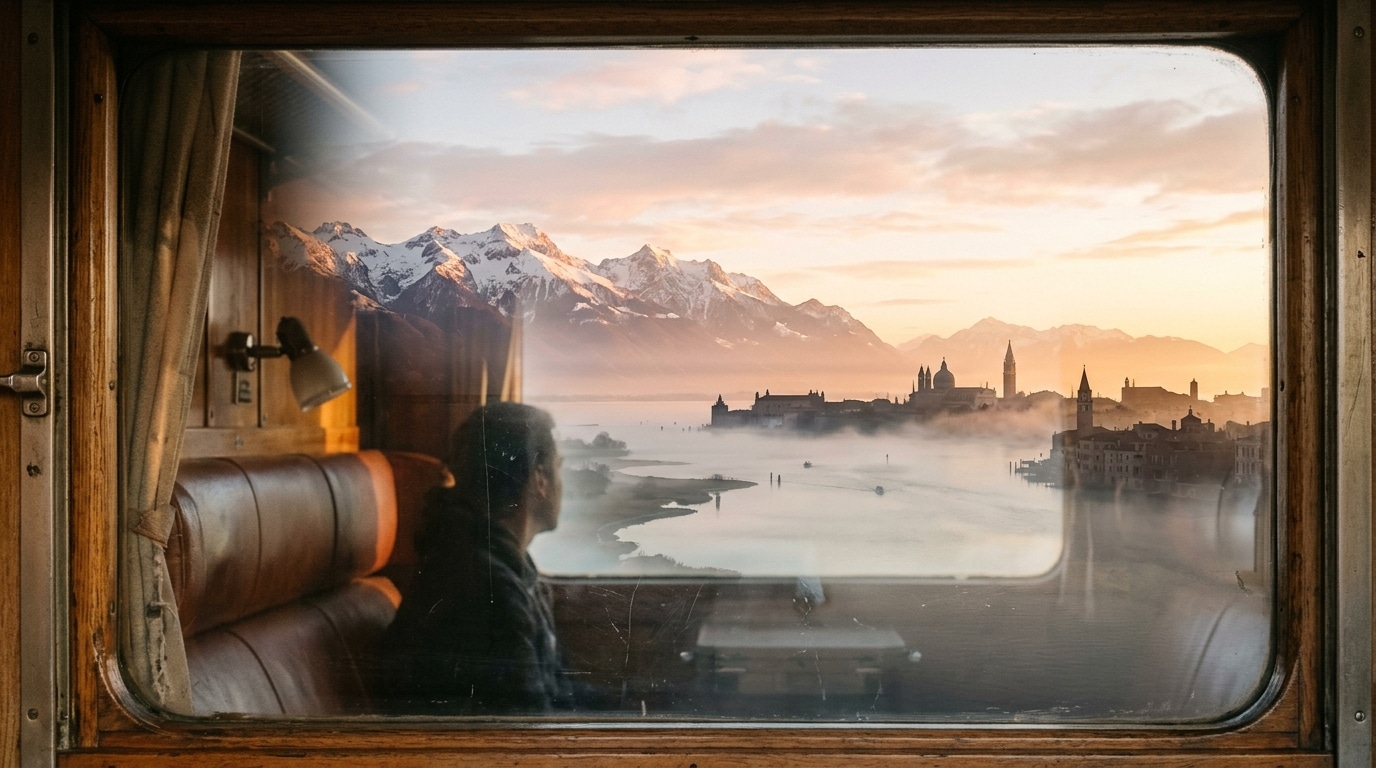 Fenêtre de train avec vue sur lagune au lever du jour