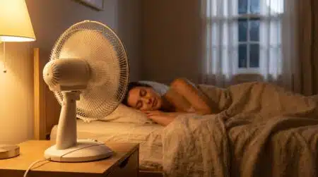 Ventilateur en marche sur une table de nuit dans une chambre nocturne