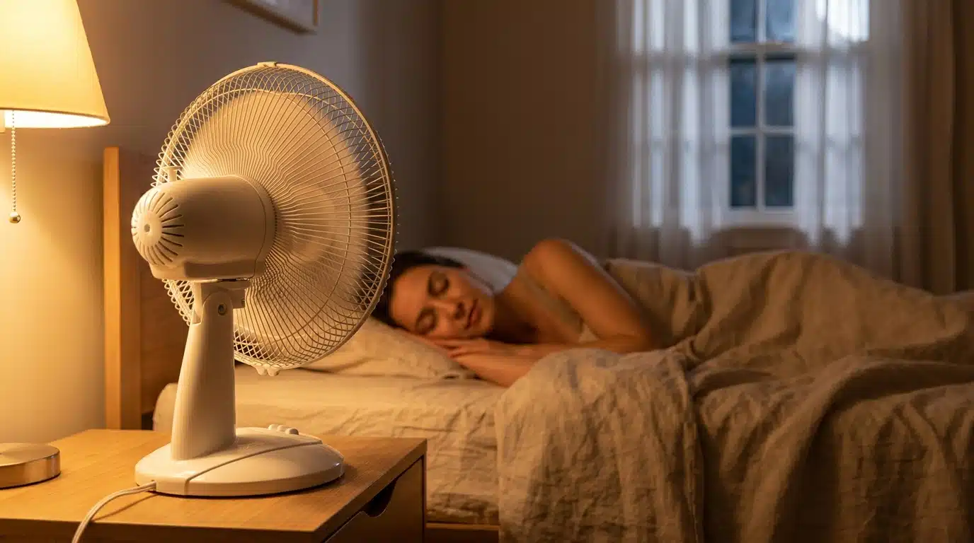 Ventilateur en marche sur une table de nuit dans une chambre nocturne