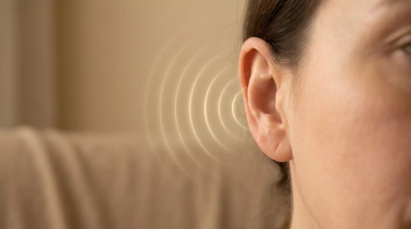 Gros plan sur une oreille humaine avec ondes sonores subtiles