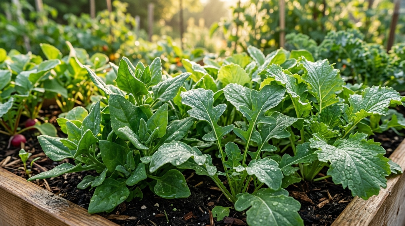 Jeunes pousses de tétragone et roquette dans un potager