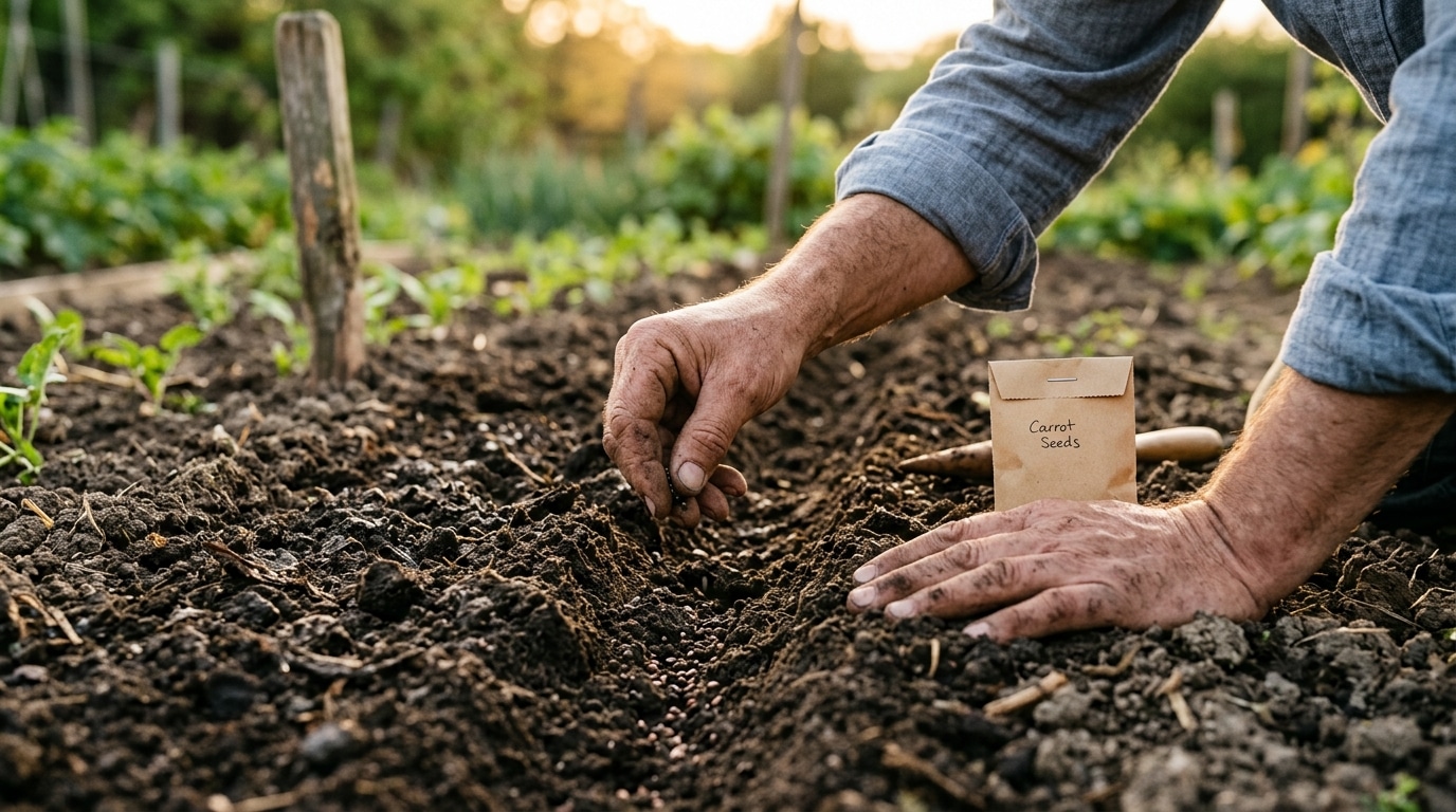Mains semant des graines dans un rang de terre