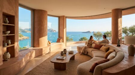 Salon aux courbes organiques avec vue mer Méditerranée