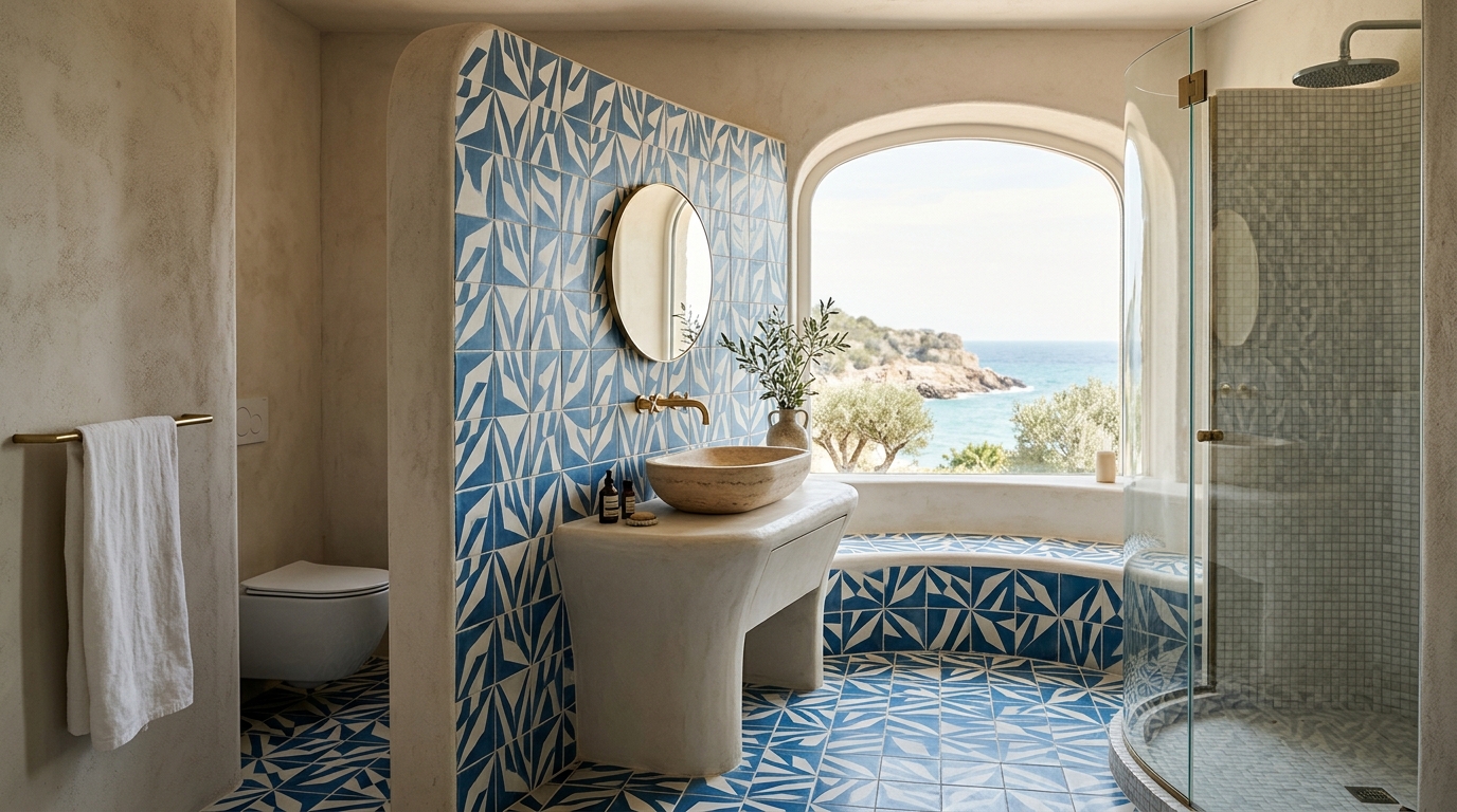 Salle de bains avec carrelage graphique bleu et blanc