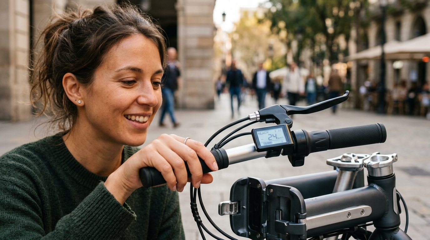 Personne souriante ajustant l'écran d'un vélo électrique plié