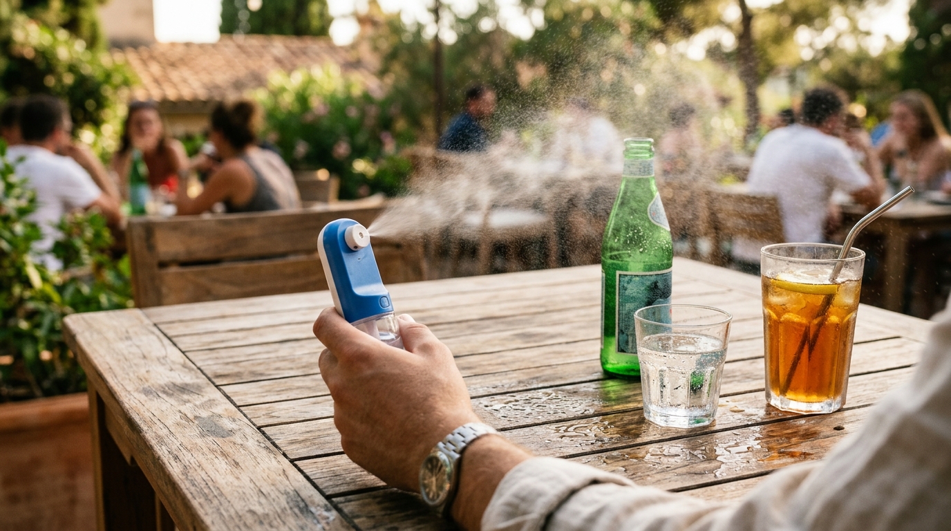 Ventilateur brumisateur pulvérisant une fine brume sur une table de terrasse
