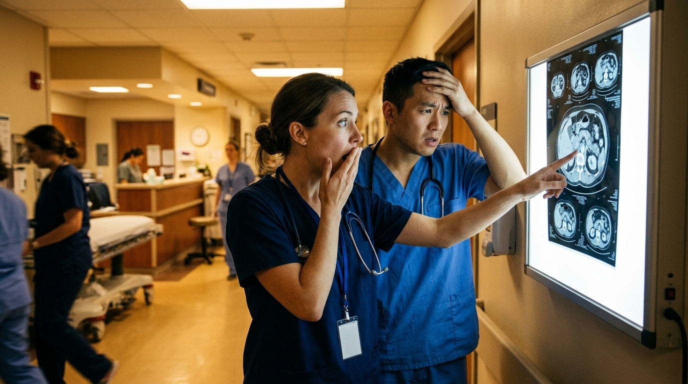 Deux médecins choqués devant un scanner à l'hôpital