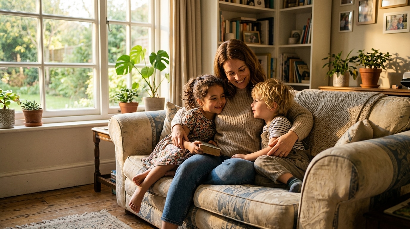 Mère assise avec ses deux enfants sur un canapé