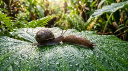 Escargot et limace sur feuilles humides de jardin tropical