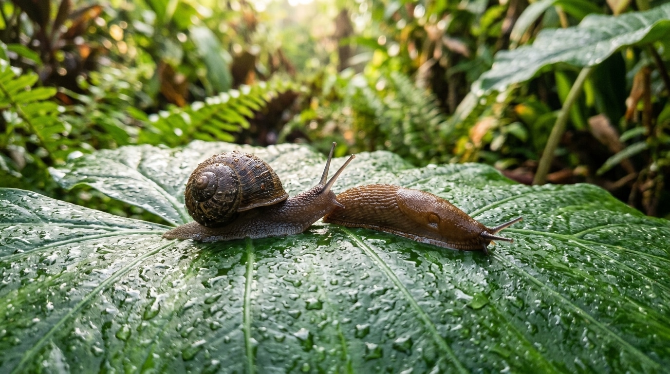 Escargot et limace sur feuilles humides de jardin tropical