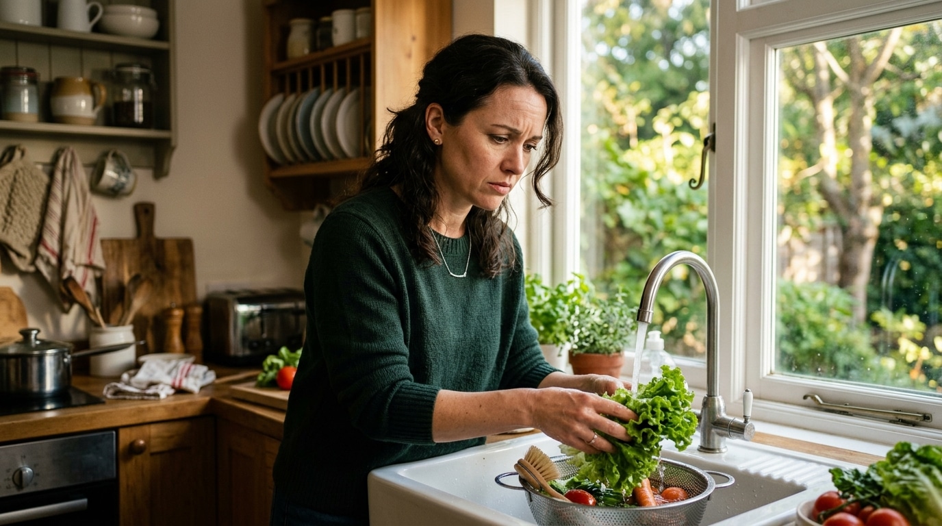 Personne inquiète lavant des crudités sous l'eau courante
