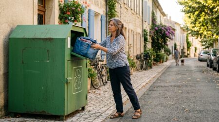 Femme dépose un sac de vêtements dans une borne de collecte